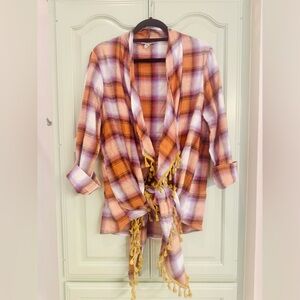 ANDREE BY UNIT Plaid Cardigan with Tassels - Orange, Purple, White